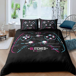 Game Pad, Glitched Reality Console Bedding Set – Single Size Duvet Cover & Pillowcase, Black Gaming Design