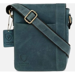 J. WILSON Vintage Hunter Leather Handmade Men's Crossbody Messenger Bag BLUE