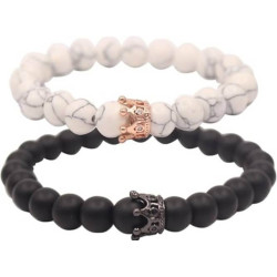 UEUC King & Queen Crown Distance Couple Bracelets BLACK&WHITE with Gold Crown
