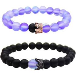 UEUC King & Queen Crown Distance Couple Bracelets, BLACK&PURPLE