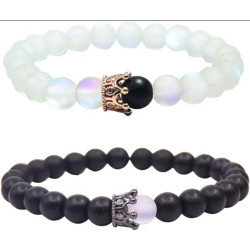 UEUC King & Queen Crown Distance Couple Bracelets, BLACK&PEARL WHITE