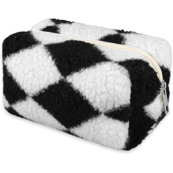 Molain Terry Cloth Small Cosmetic Bag, Cute Plush Cosmetic Bag Beauty Plaid Handbag Women's Zipper Travel Toiletries