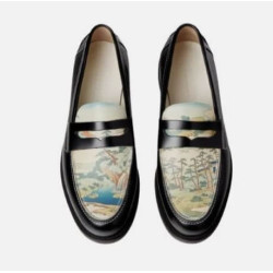 Wilde Penny Loafers – Katsushika Hokusai “Sacred Spring” Design, Italian Leather Slip-On Shoes, Size 13UK