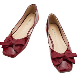 C.Paravano Square Toe Flats for Women Patent Leather Red | Womens Soft Leather Ballet Shoes | Bow Tie Ballet Flats