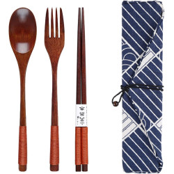 3PCS Japanese Style Wooden Cutlery Set with Spoon, Fork & Chopsticks in Fabric Pouch – Dark Brown Wood, Reusable Travel Tableware